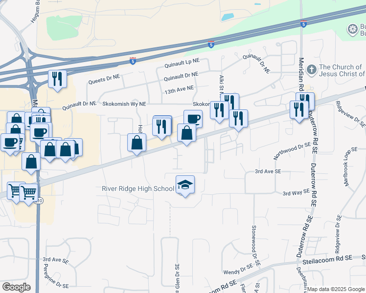 map of restaurants, bars, coffee shops, grocery stores, and more near 8819 Martin Way East in Lacey