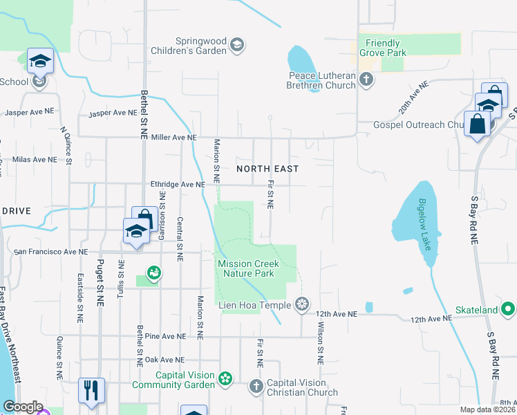 map of restaurants, bars, coffee shops, grocery stores, and more near 1713 Fir Street Northeast in Olympia