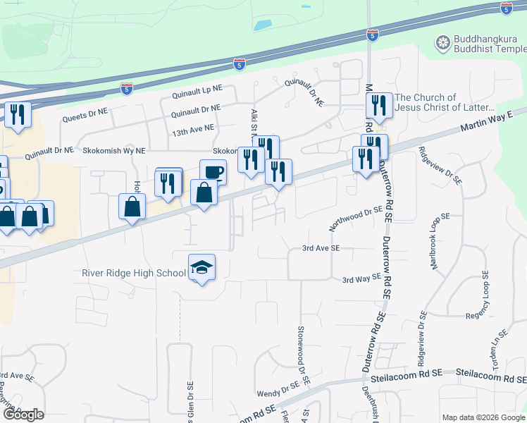 map of restaurants, bars, coffee shops, grocery stores, and more near 105 Newberry Lane Southeast in Olympia
