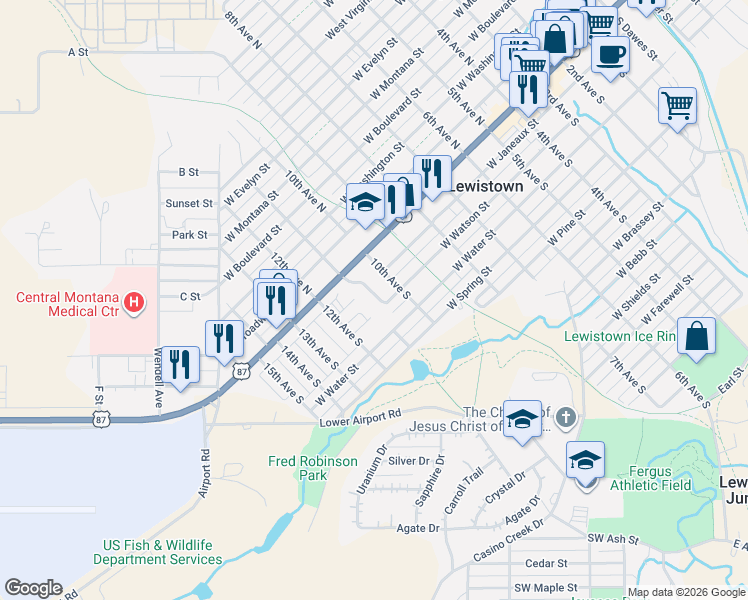map of restaurants, bars, coffee shops, grocery stores, and more near 203 Nelson Drive in Lewistown