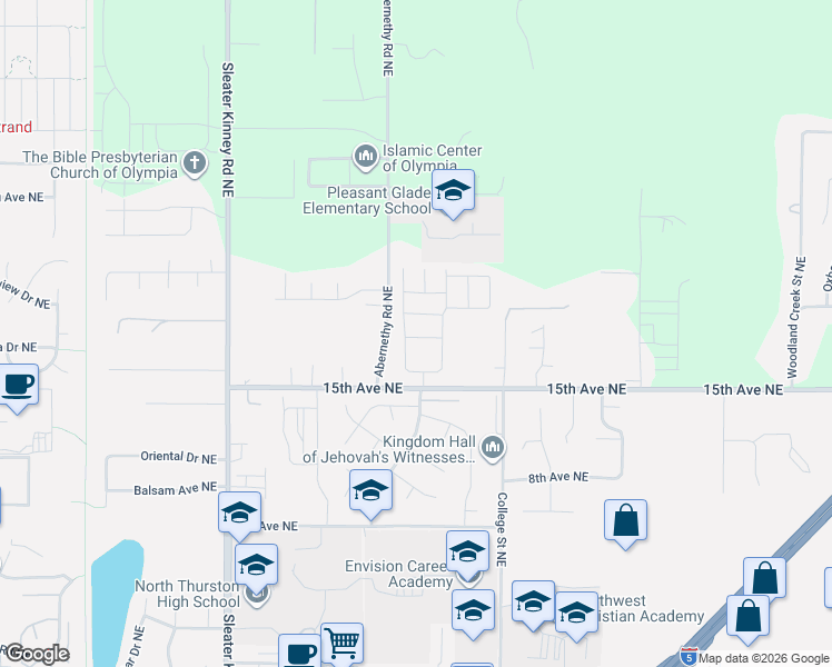 map of restaurants, bars, coffee shops, grocery stores, and more near 1342 Alonda Lane Northeast in Olympia