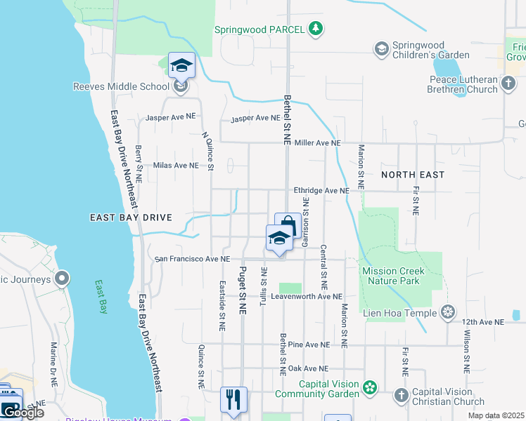 map of restaurants, bars, coffee shops, grocery stores, and more near 1713 Tullis Street Northeast in Olympia