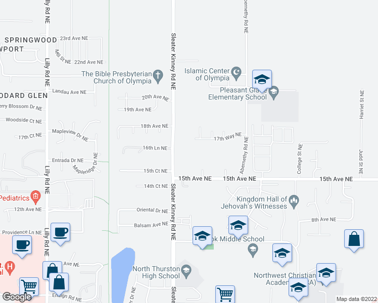 map of restaurants, bars, coffee shops, grocery stores, and more near 1644 Sleater Kinney Road Northeast in Olympia