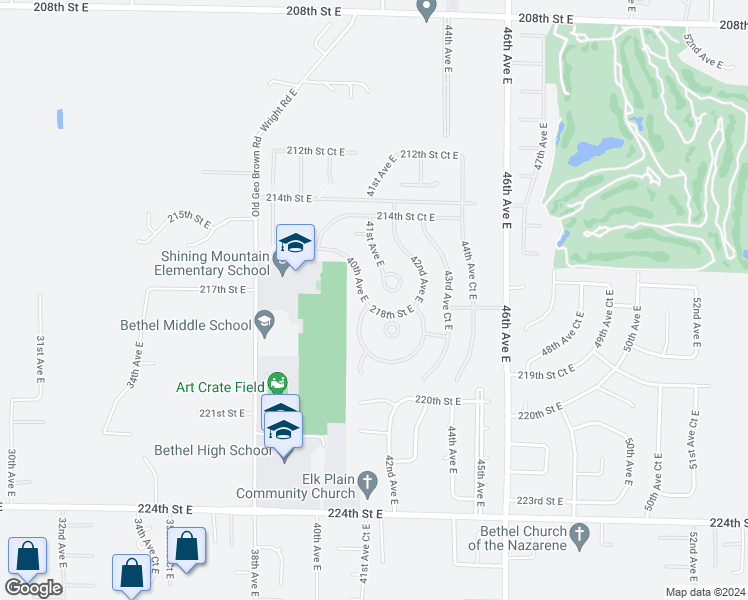 map of restaurants, bars, coffee shops, grocery stores, and more near 21711 40th Avenue East in Spanaway