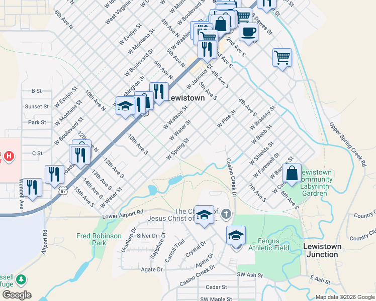 map of restaurants, bars, coffee shops, grocery stores, and more near 514 8th Avenue South in Lewistown