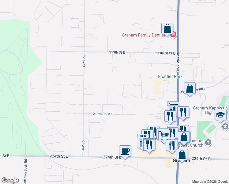 map of restaurants, bars, coffee shops, grocery stores, and more near 21617 94th Avenue Court East in Graham