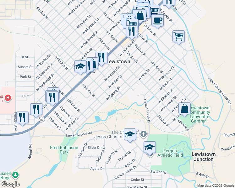 map of restaurants, bars, coffee shops, grocery stores, and more near 514 8th Avenue South in Lewistown