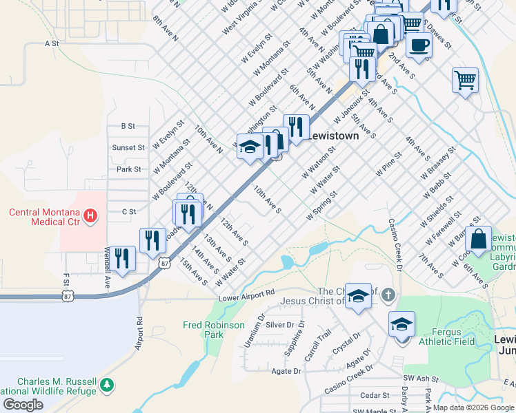 map of restaurants, bars, coffee shops, grocery stores, and more near 203 Nelson Drive in Lewistown