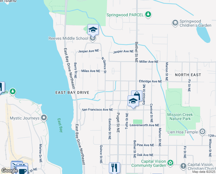 map of restaurants, bars, coffee shops, grocery stores, and more near 1712 Quince Street Northeast in Olympia