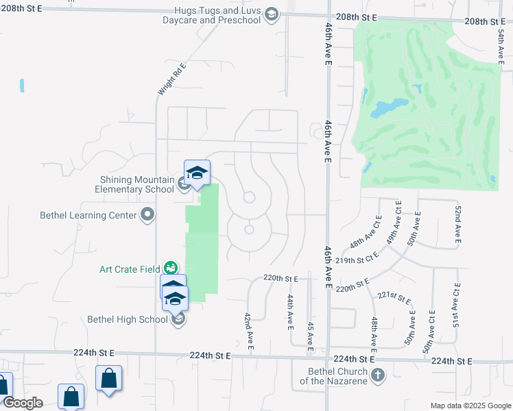 map of restaurants, bars, coffee shops, grocery stores, and more near 21701 41st Avenue East in Spanaway
