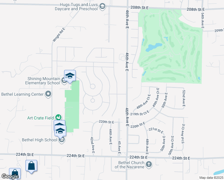 map of restaurants, bars, coffee shops, grocery stores, and more near 21617 43rd Avenue Court East in Spanaway