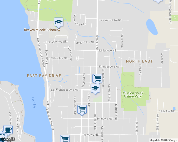 map of restaurants, bars, coffee shops, grocery stores, and more near 1713 Tullis Street Northeast in Olympia
