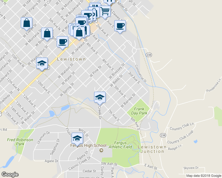 map of restaurants, bars, coffee shops, grocery stores, and more near 511 West Bebb Street in Lewistown