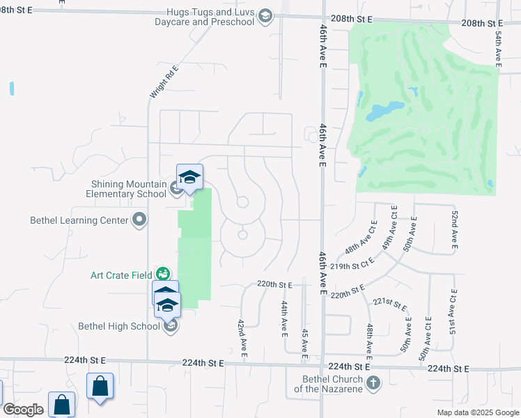 map of restaurants, bars, coffee shops, grocery stores, and more near 21701 41st Avenue East in Spanaway