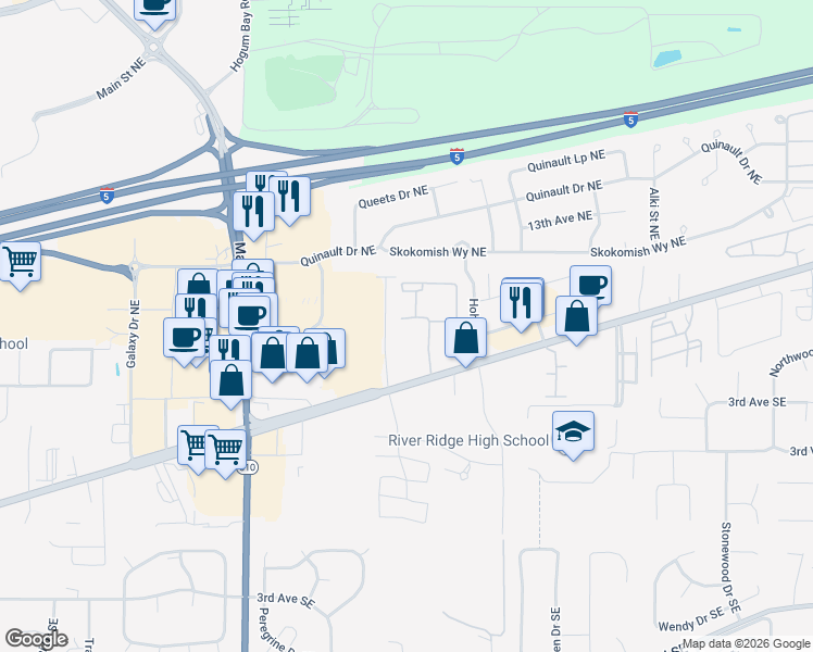 map of restaurants, bars, coffee shops, grocery stores, and more near 1404 Brittany Lane Northeast in Olympia