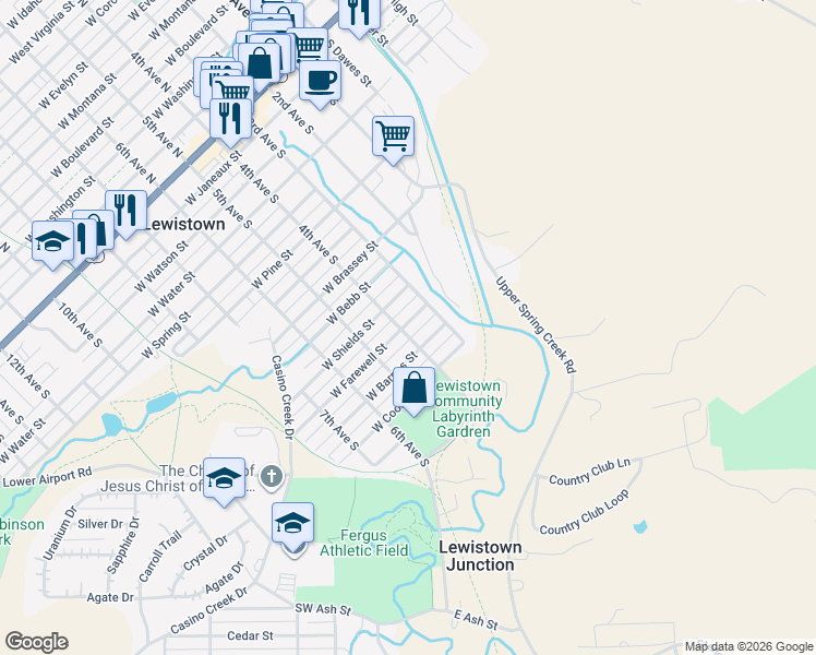 map of restaurants, bars, coffee shops, grocery stores, and more near 323 West Farewell Street in Lewistown