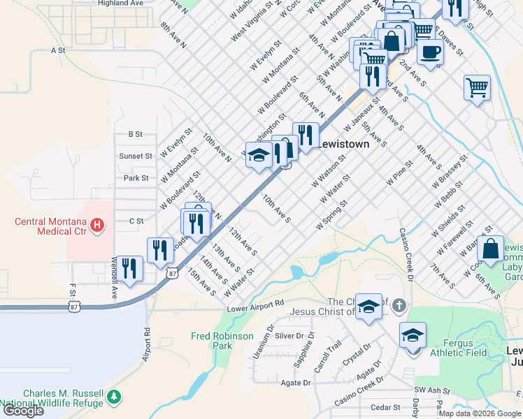 map of restaurants, bars, coffee shops, grocery stores, and more near 203 Nelson Drive in Lewistown
