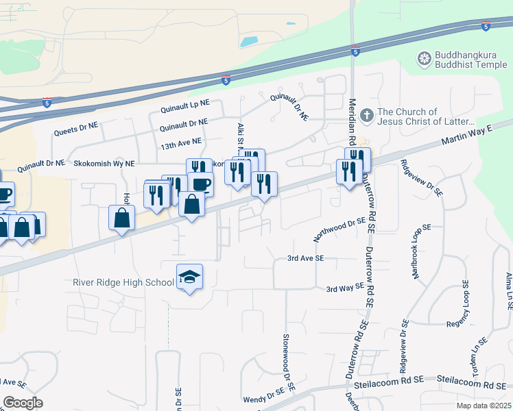 map of restaurants, bars, coffee shops, grocery stores, and more near 9029 Martin Way East in Olympia