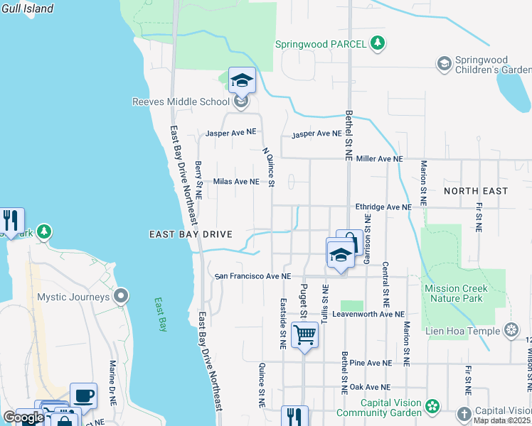 map of restaurants, bars, coffee shops, grocery stores, and more near 1712 Quince Street Northeast in Olympia