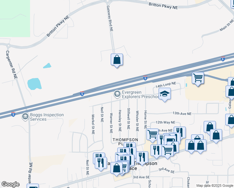 map of restaurants, bars, coffee shops, grocery stores, and more near 1411 Hensley Street Northeast in Olympia