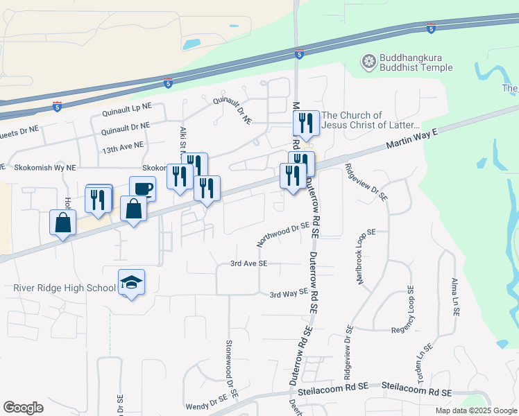 map of restaurants, bars, coffee shops, grocery stores, and more near 110 Copper Wood Lane Southeast in Lacey