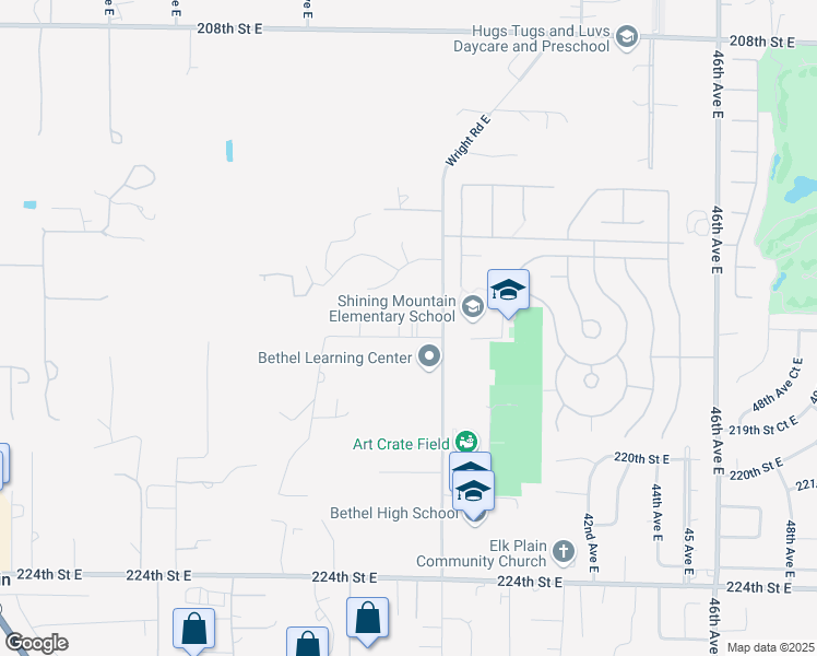 map of restaurants, bars, coffee shops, grocery stores, and more near 3711 217th Street East in Spanaway