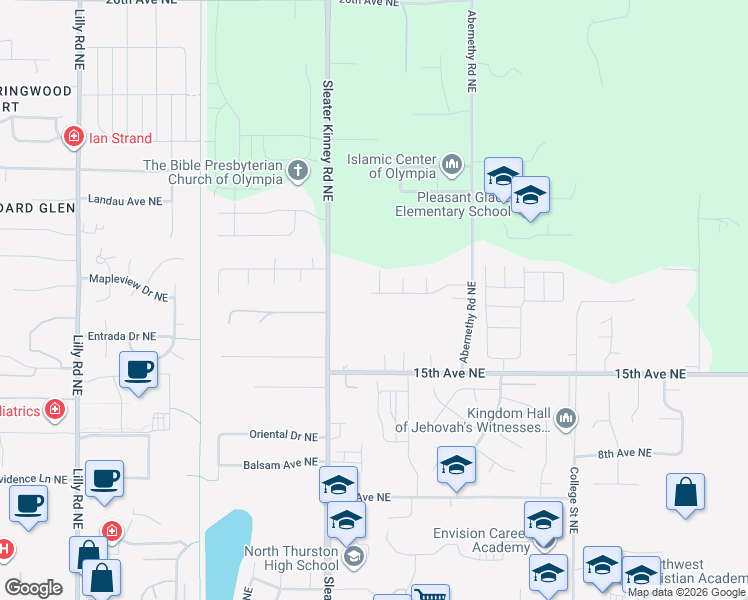 map of restaurants, bars, coffee shops, grocery stores, and more near 1644 Sleater Kinney Road Northeast in Olympia