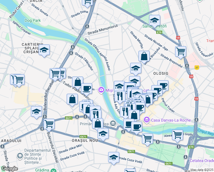 map of restaurants, bars, coffee shops, grocery stores, and more near Strada Emilian Mircea Chitul in Oradea