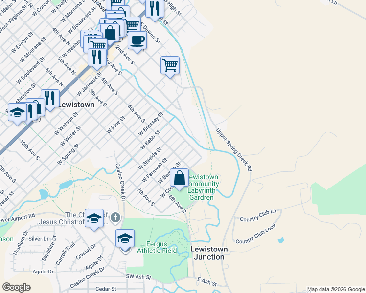 map of restaurants, bars, coffee shops, grocery stores, and more near 323 West Farewell Street in Lewistown