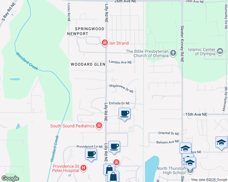 map of restaurants, bars, coffee shops, grocery stores, and more near 920 Lilly Road Northeast in Olympia