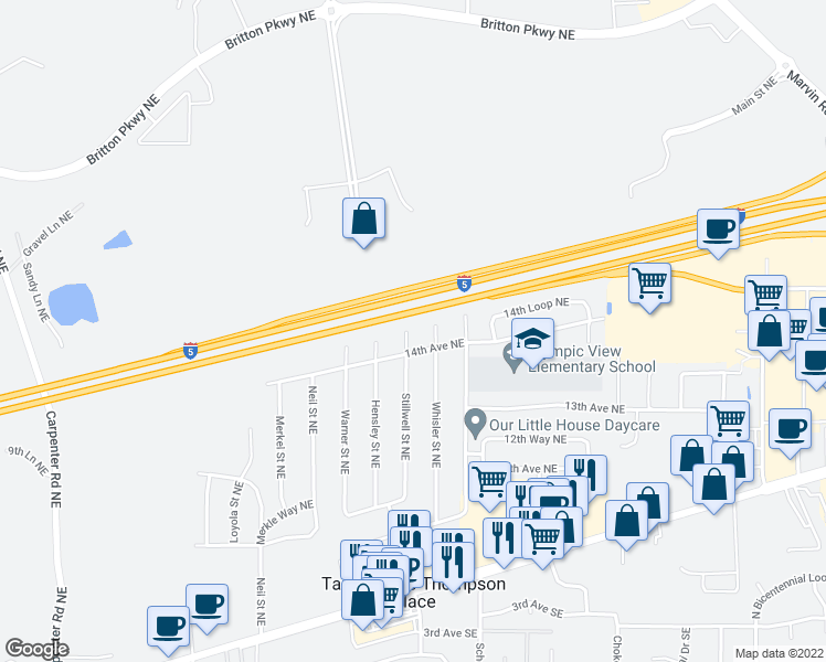 map of restaurants, bars, coffee shops, grocery stores, and more near 1416 Stillwell Street Northeast in Olympia