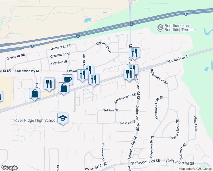 map of restaurants, bars, coffee shops, grocery stores, and more near 10244 Martin Way East in Olympia