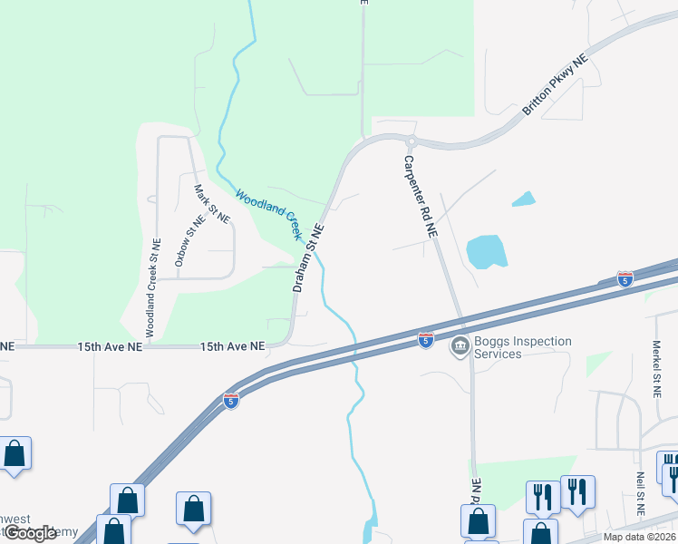 map of restaurants, bars, coffee shops, grocery stores, and more near 1620 Draham Street Northeast in Lacey