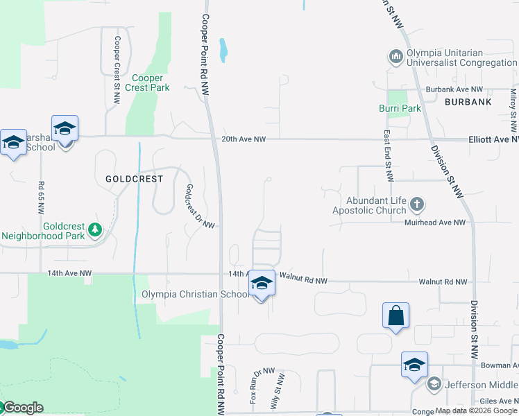map of restaurants, bars, coffee shops, grocery stores, and more near 2616 Placid Avenue Northwest in Olympia