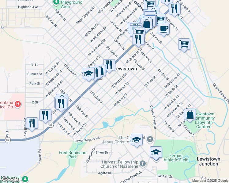 map of restaurants, bars, coffee shops, grocery stores, and more near 813 West Watson Street in Lewistown