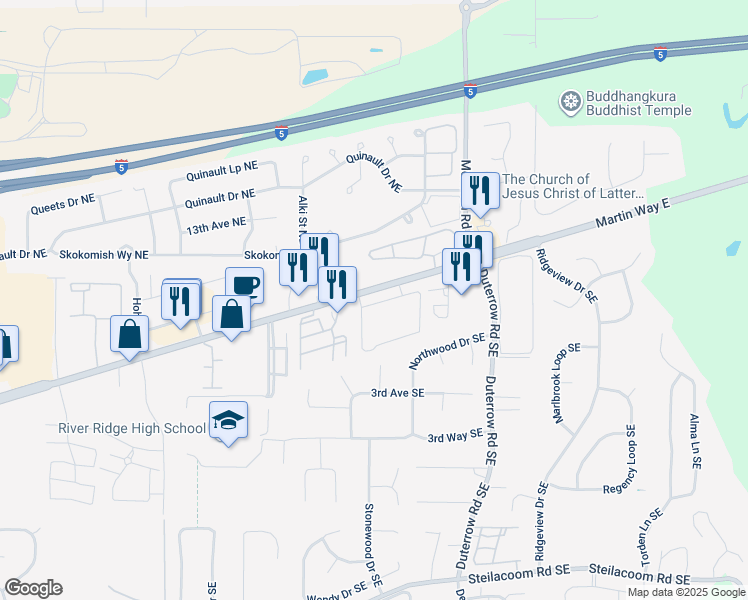 map of restaurants, bars, coffee shops, grocery stores, and more near 9155 Martin Way East in Olympia