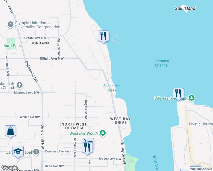 map of restaurants, bars, coffee shops, grocery stores, and more near 1850 Yantis Street Northwest in Olympia