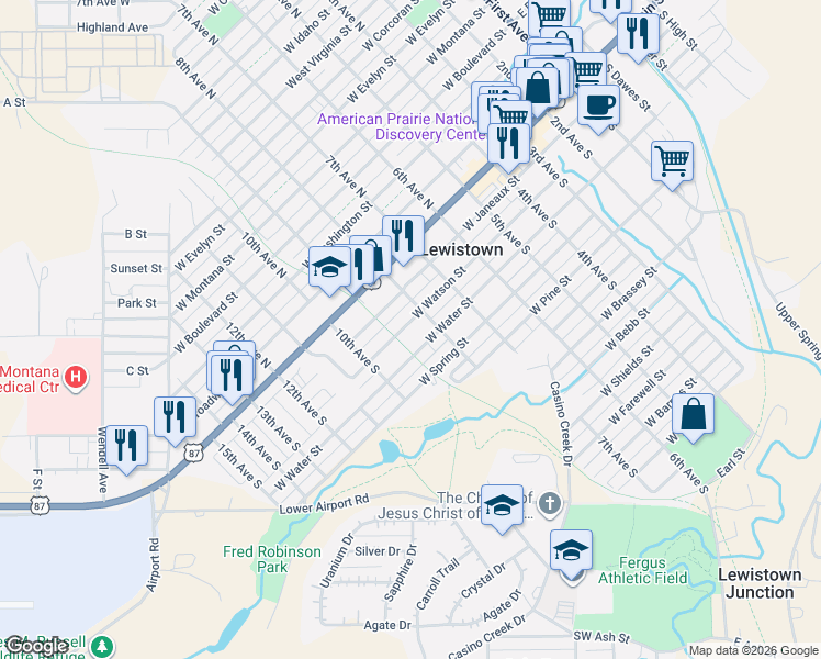 map of restaurants, bars, coffee shops, grocery stores, and more near 813 West Watson Street in Lewistown