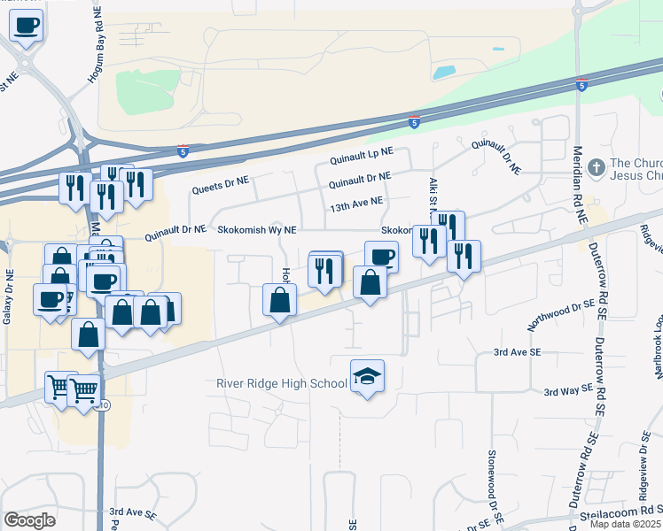 map of restaurants, bars, coffee shops, grocery stores, and more near 8766 Wallingford Lane Northeast in Lacey