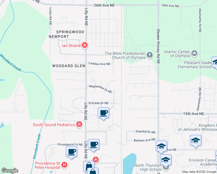 map of restaurants, bars, coffee shops, grocery stores, and more near 1730 Mapleview Court Northeast in Olympia