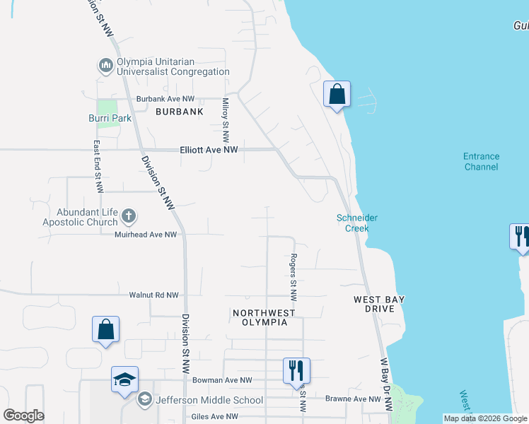 map of restaurants, bars, coffee shops, grocery stores, and more near 1516 Groves Avenue Northwest in Olympia