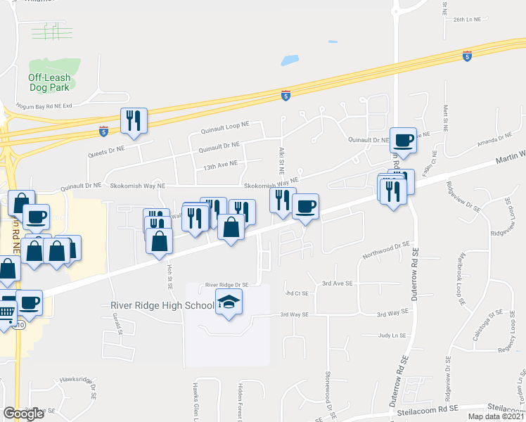 map of restaurants, bars, coffee shops, grocery stores, and more near 8940 Martin Way East in Lacey
