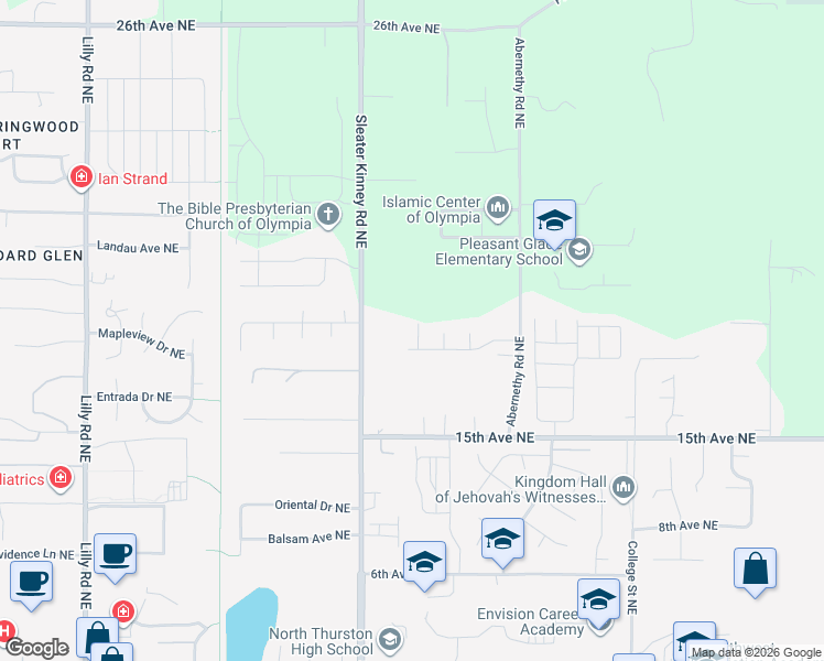 map of restaurants, bars, coffee shops, grocery stores, and more near 1733 Melinda Court Northeast in Olympia