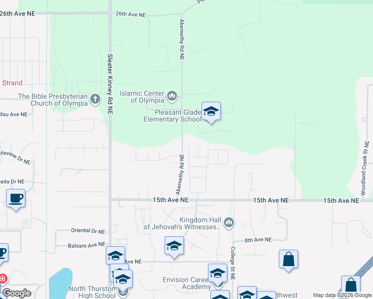 map of restaurants, bars, coffee shops, grocery stores, and more near 1805 Abernethy Road Northeast in Olympia