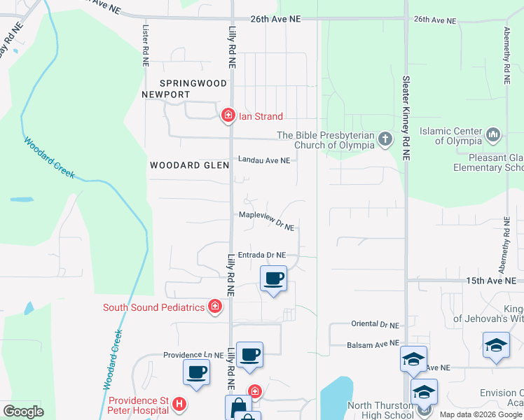 map of restaurants, bars, coffee shops, grocery stores, and more near 1807 Mapleleaf Court Northeast in Olympia