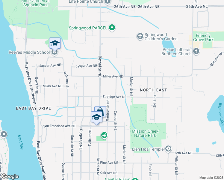 map of restaurants, bars, coffee shops, grocery stores, and more near 1833 Central Street Northeast in Olympia