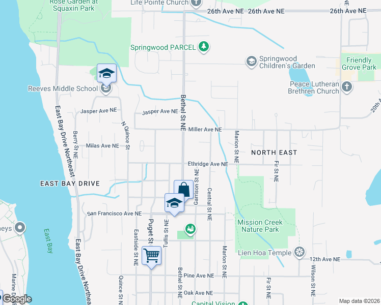 map of restaurants, bars, coffee shops, grocery stores, and more near 1832 Bethel Street Northeast in Olympia