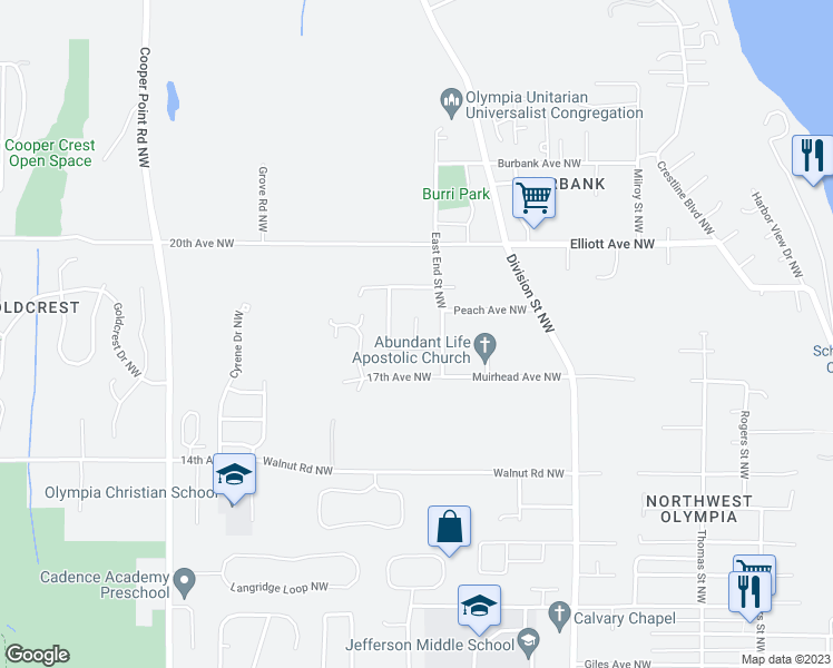 map of restaurants, bars, coffee shops, grocery stores, and more near 1821 East End Street Northwest in Olympia