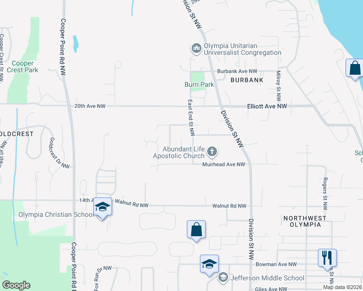 map of restaurants, bars, coffee shops, grocery stores, and more near 1821 East End Street Northwest in Olympia