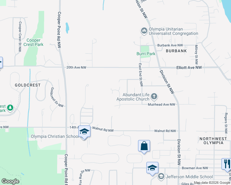 map of restaurants, bars, coffee shops, grocery stores, and more near 1821 Jonquil Lane Northwest in Olympia